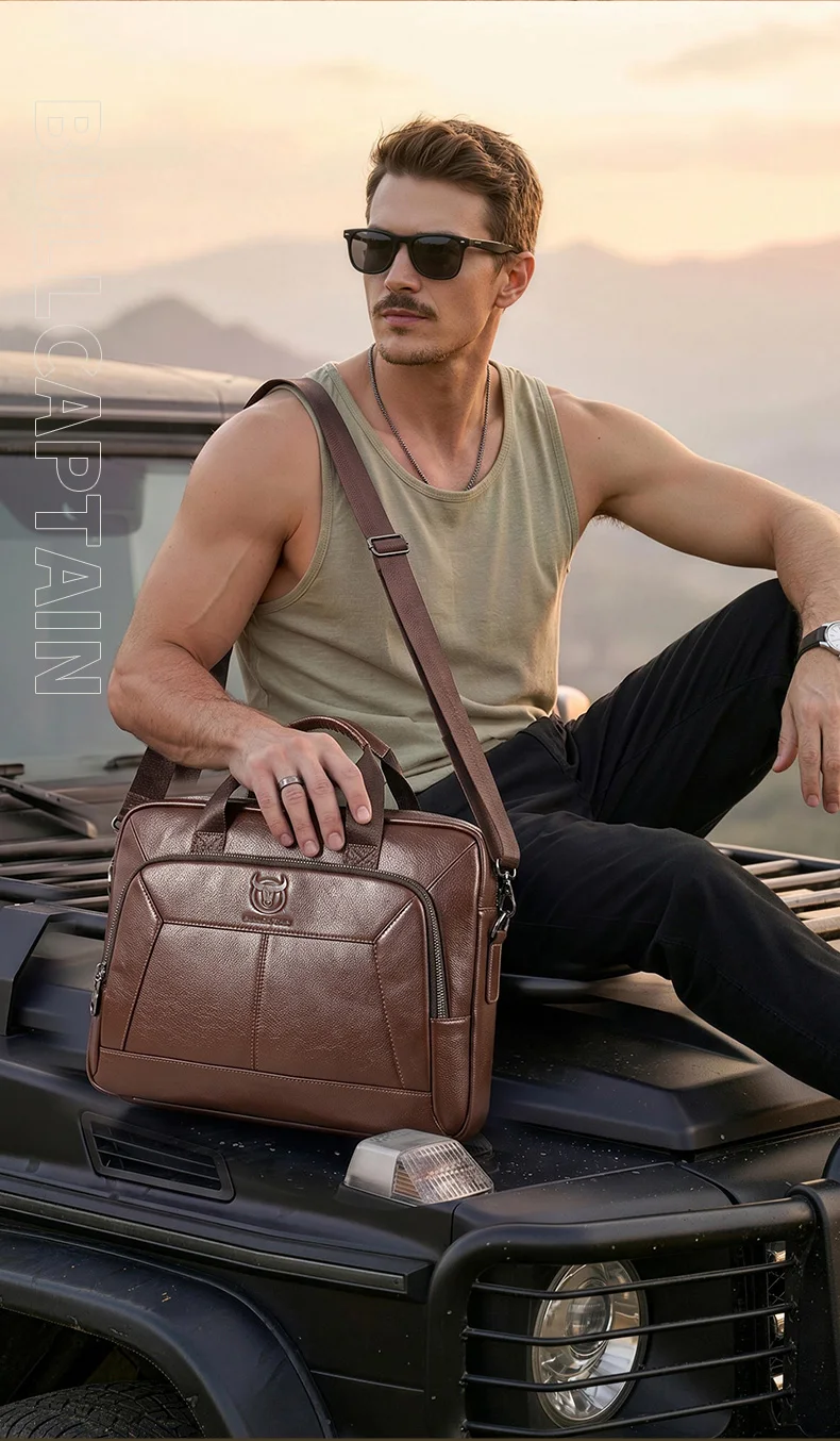BULLCAPTAIN Men's Genuine Leather Briefcase 15.6 Inch Laptop Bag Business Office Handbag Large Capacity Shoulder Messenger Bag