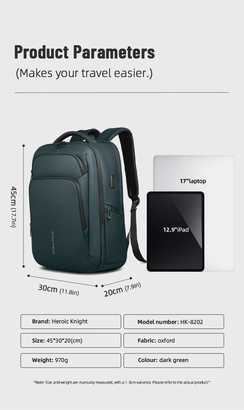 Heroic Knight Business Laptop Backpack for Work Waterproof Oxford Fabric Large Capacity withUSB Charging Portable Men's Backpack