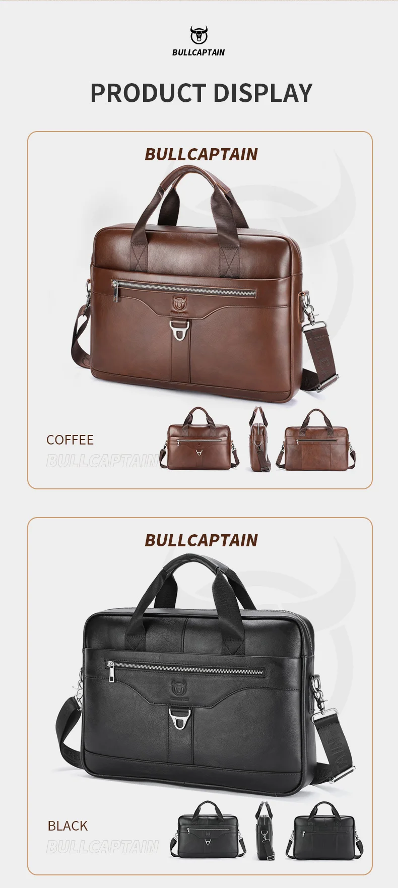 BULLCAPTAIN Genuine Leather Briefcase for Men Vintage Business Laptop Bag Large Capacity Messenger Handbag Shoulder Bag for Work