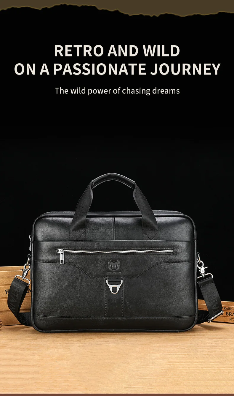 BULLCAPTAIN Genuine Leather Briefcase for Men Vintage Business Laptop Bag Large Capacity Messenger Handbag Shoulder Bag for Work
