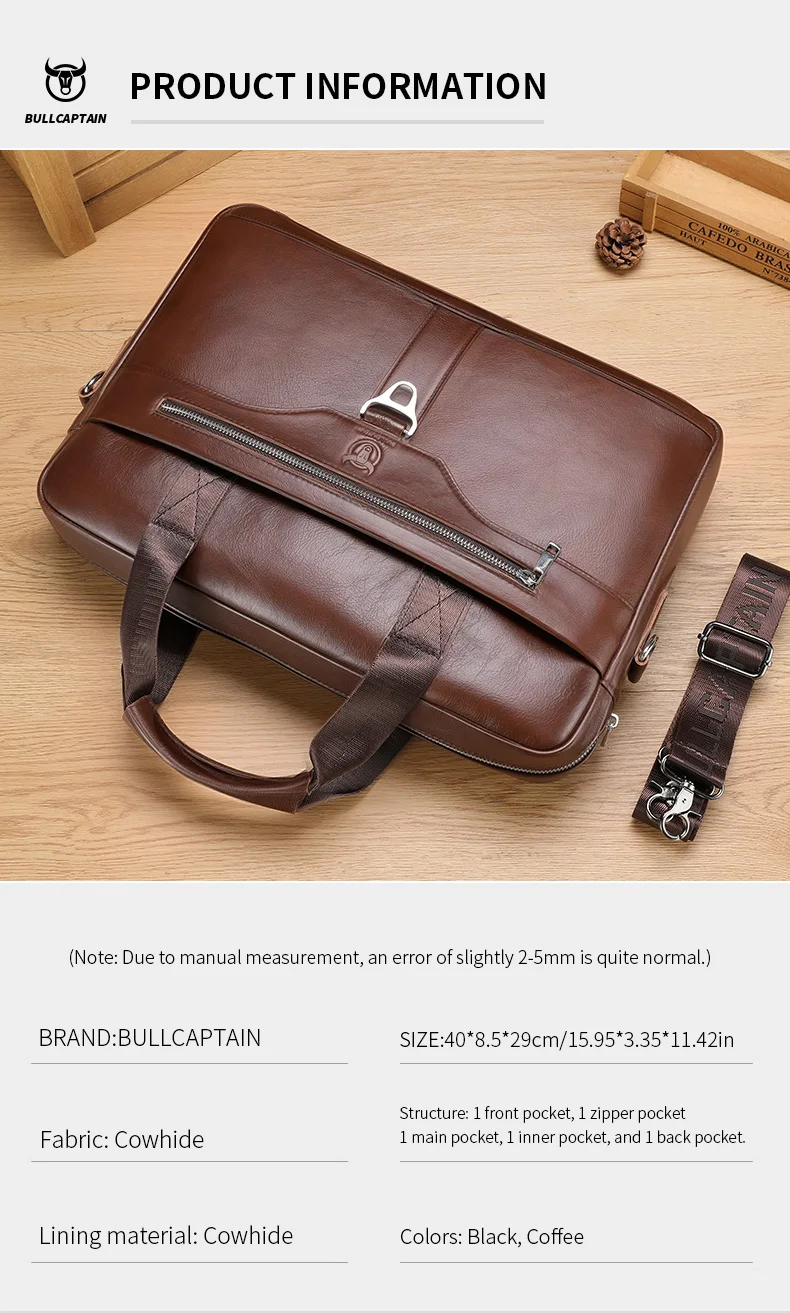 BULLCAPTAIN Genuine Leather Briefcase for Men Vintage Business Laptop Bag Large Capacity Messenger Handbag Shoulder Bag for Work