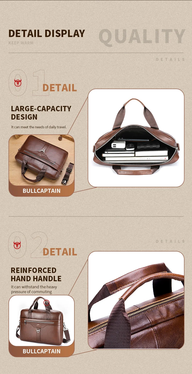 BULLCAPTAIN Genuine Leather Briefcase for Men Vintage Business Laptop Bag Large Capacity Messenger Handbag Shoulder Bag for Work