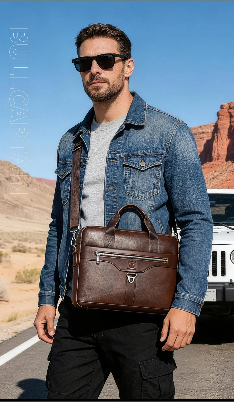 BULLCAPTAIN Genuine Leather Briefcase for Men Vintage Business Laptop Bag Large Capacity Messenger Handbag Shoulder Bag for Work