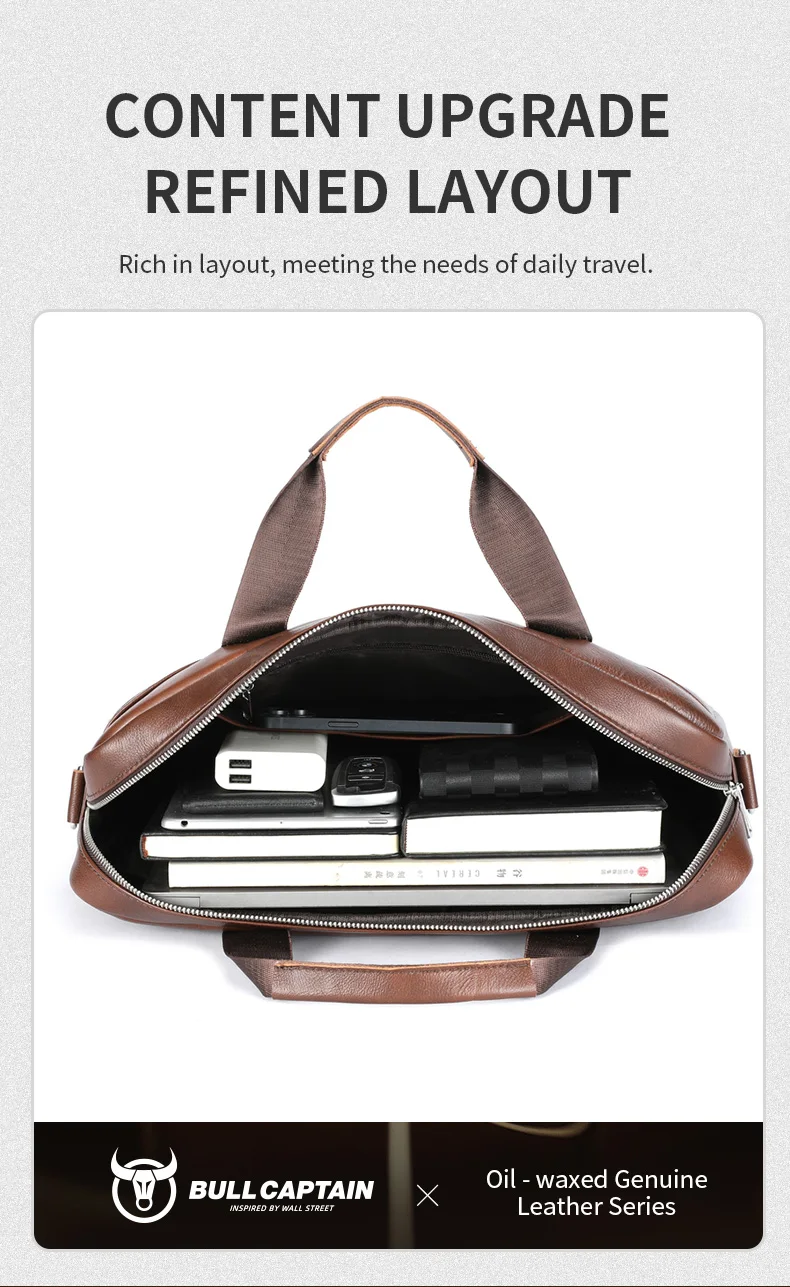 BULLCAPTAIN Genuine Leather Briefcase for Men Vintage Business Laptop Bag Large Capacity Messenger Handbag Shoulder Bag for Work