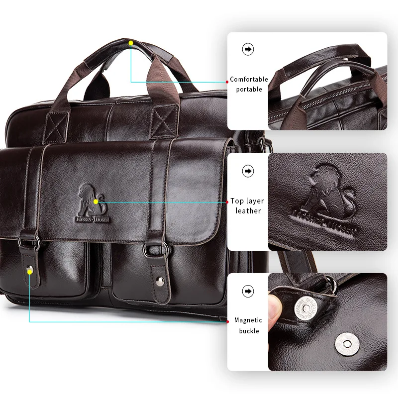 New 100% Genuine Leather Men's Briefcase Laptop Bag Large Capacity Business Handbag Casual Shoulder Crossbody Bags Messenger Bag