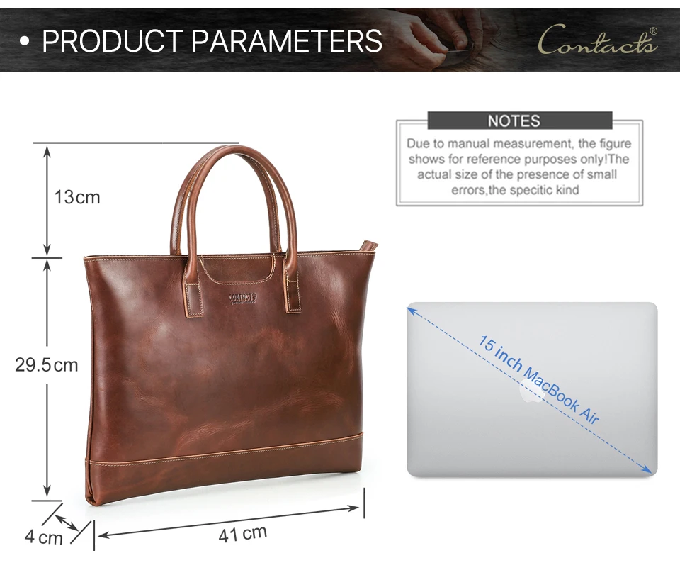 CONTACT'S Genuine Leather Tote Business Bag for Men Briefcase Portfolio Bag A4 Document Bag Tote Laptop Bags for 15" Macbook Air