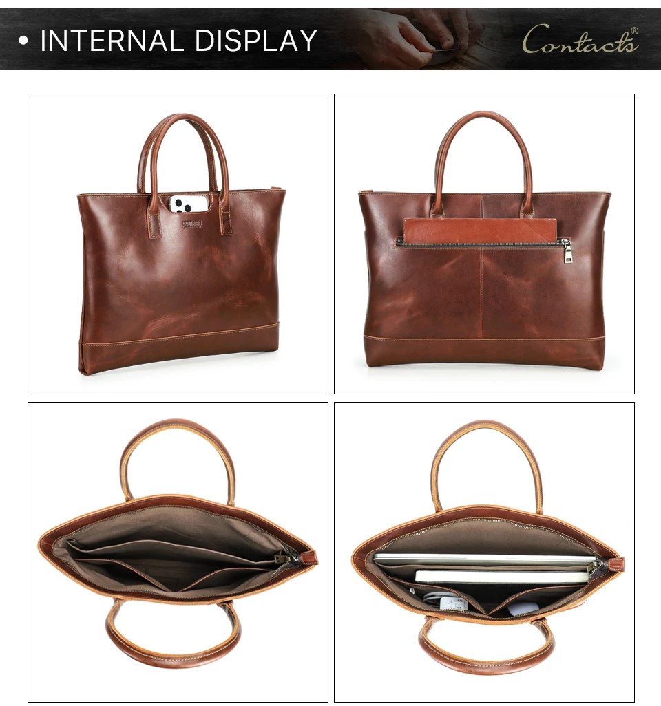 CONTACT'S Genuine Leather Tote Business Bag for Men Briefcase Portfolio Bag A4 Document Bag Tote Laptop Bags for 15" Macbook Air