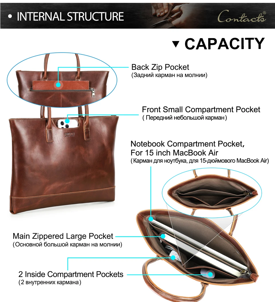 CONTACT'S Genuine Leather Tote Business Bag for Men Briefcase Portfolio Bag A4 Document Bag Tote Laptop Bags for 15" Macbook Air