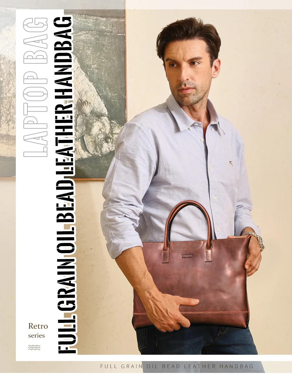 CONTACT'S Genuine Leather Tote Business Bag for Men Briefcase Portfolio Bag A4 Document Bag Tote Laptop Bags for 15" Macbook Air