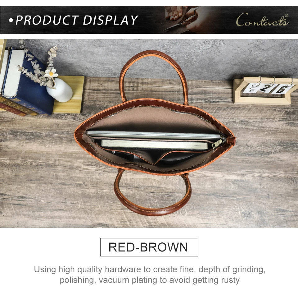 CONTACT'S Genuine Leather Tote Business Bag for Men Briefcase Portfolio Bag A4 Document Bag Tote Laptop Bags for 15" Macbook Air