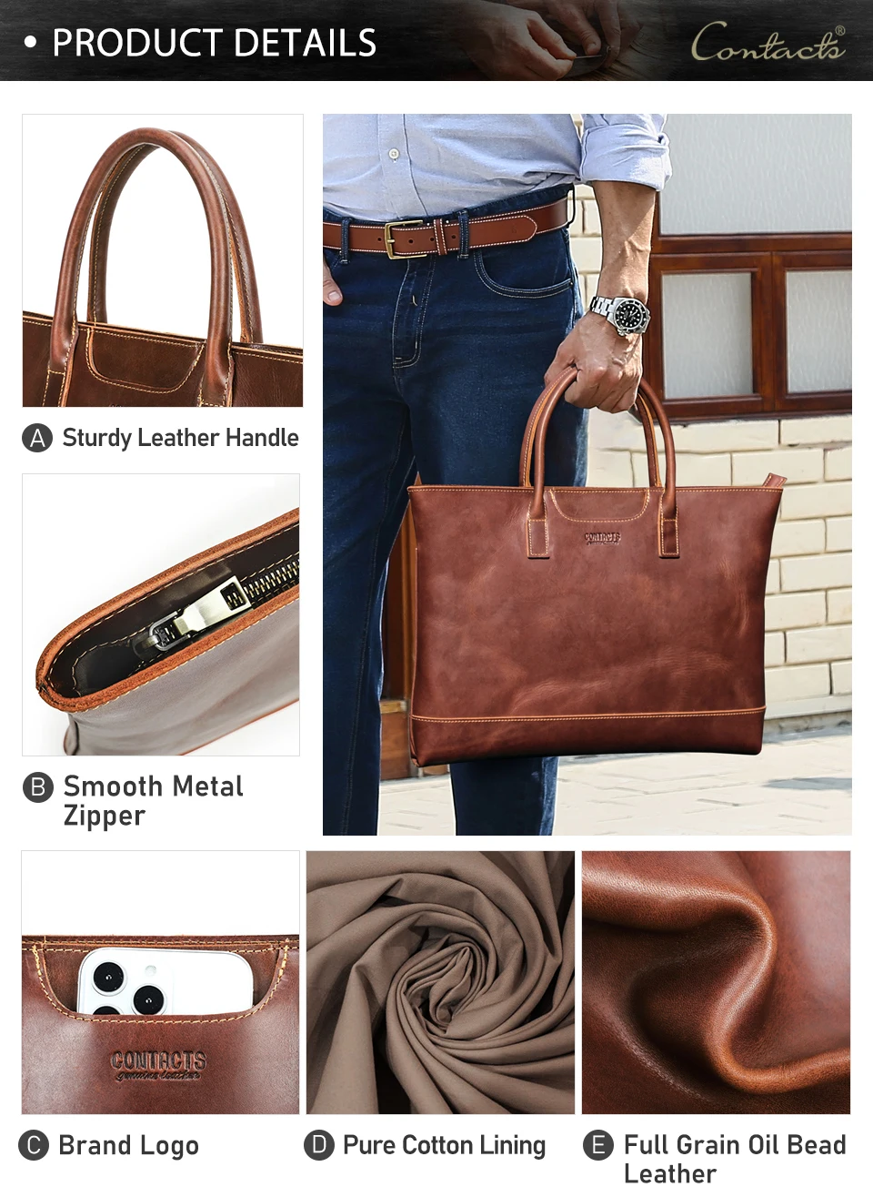 CONTACT'S Genuine Leather Tote Business Bag for Men Briefcase Portfolio Bag A4 Document Bag Tote Laptop Bags for 15" Macbook Air