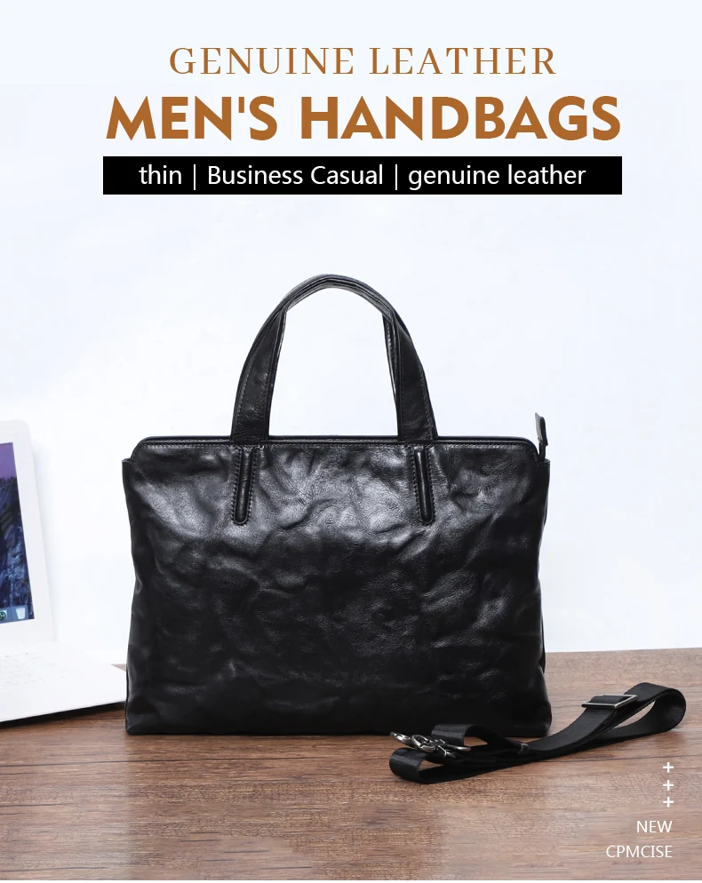 Thin / Light Briefcase for Men Laptop Bag Genuine Leather Handbag Male Shoulder/Crossbody Bag Documents Briefcase Handbags Men