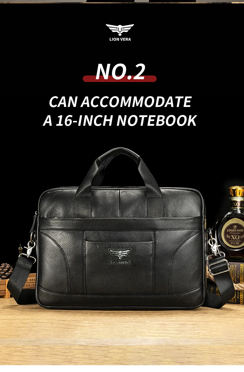 LION VERA Genuine Leather Bussiness Briefcases Black 15.6 inch Office Computer Bag For Men Luxury Handbags Laptop Briefcase Bags