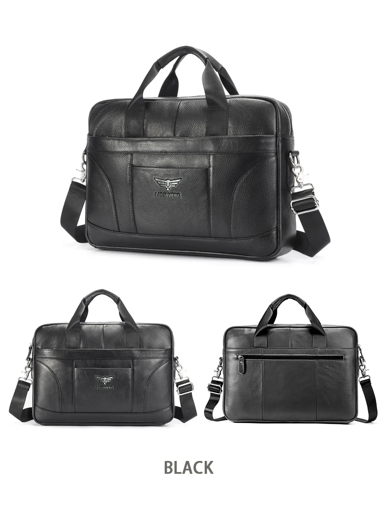 LION VERA Genuine Leather Bussiness Briefcases Black 15.6 inch Office Computer Bag For Men Luxury Handbags Laptop Briefcase Bags