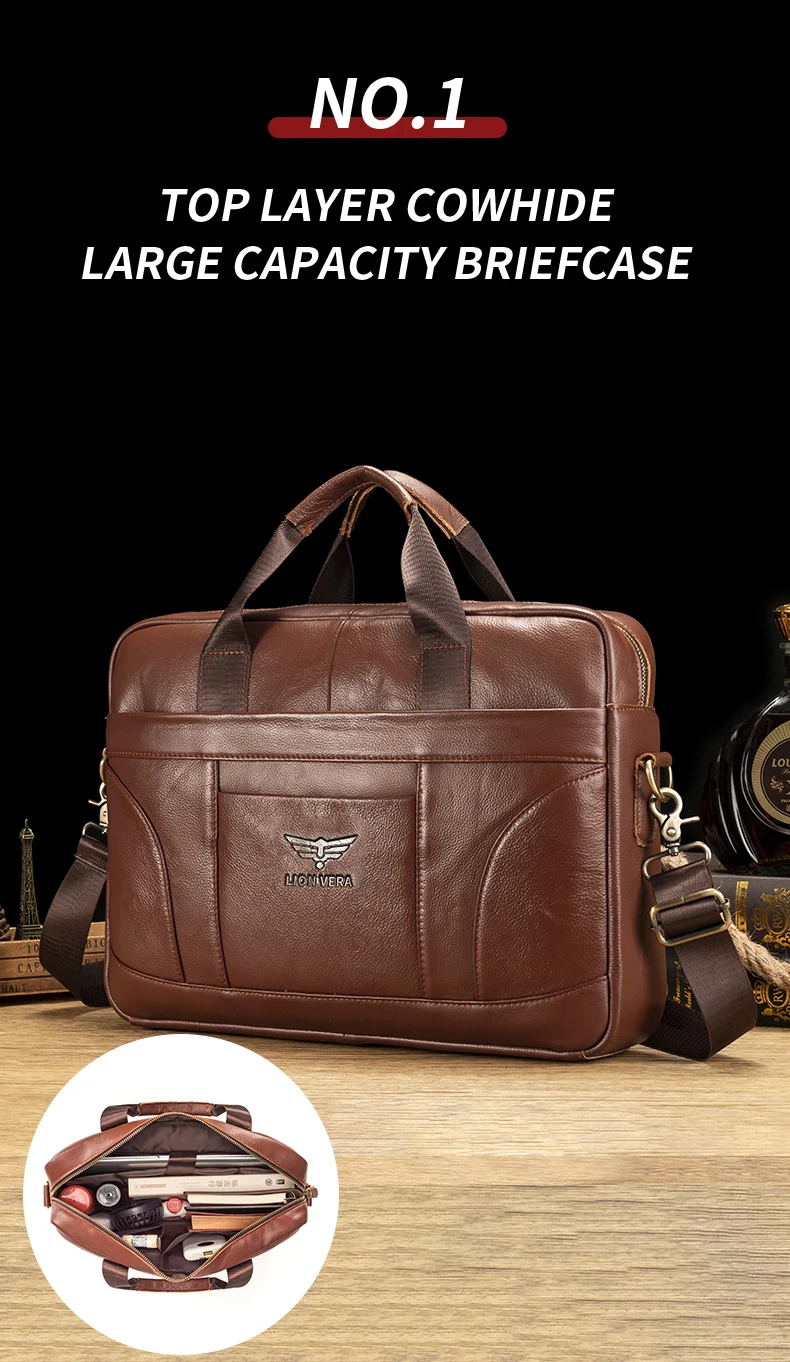 LION VERA Genuine Leather Bussiness Briefcases Black 15.6 inch Office Computer Bag For Men Luxury Handbags Laptop Briefcase Bags