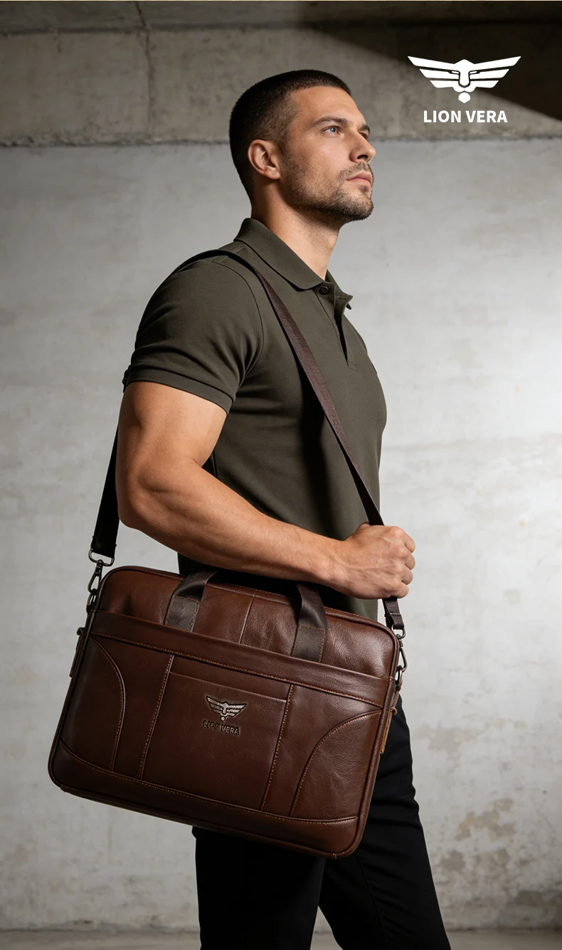LION VERA Genuine Leather Bussiness Briefcases Black 15.6 inch Office Computer Bag For Men Luxury Handbags Laptop Briefcase Bags