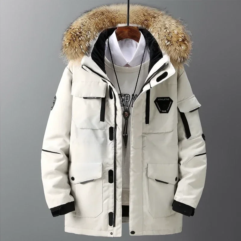 Fur Collar Hooded Thick Winter Jacket -30 Degree White Duck Down Parkas Men Windproof Hooded Thicken Multi-pocket Down Coat