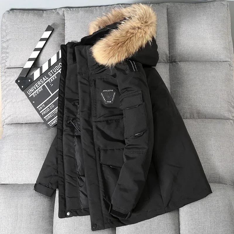 Fur Collar Hooded Thick Winter Jacket -30 Degree White Duck Down Parkas Men Windproof Hooded Thicken Multi-pocket Down Coat