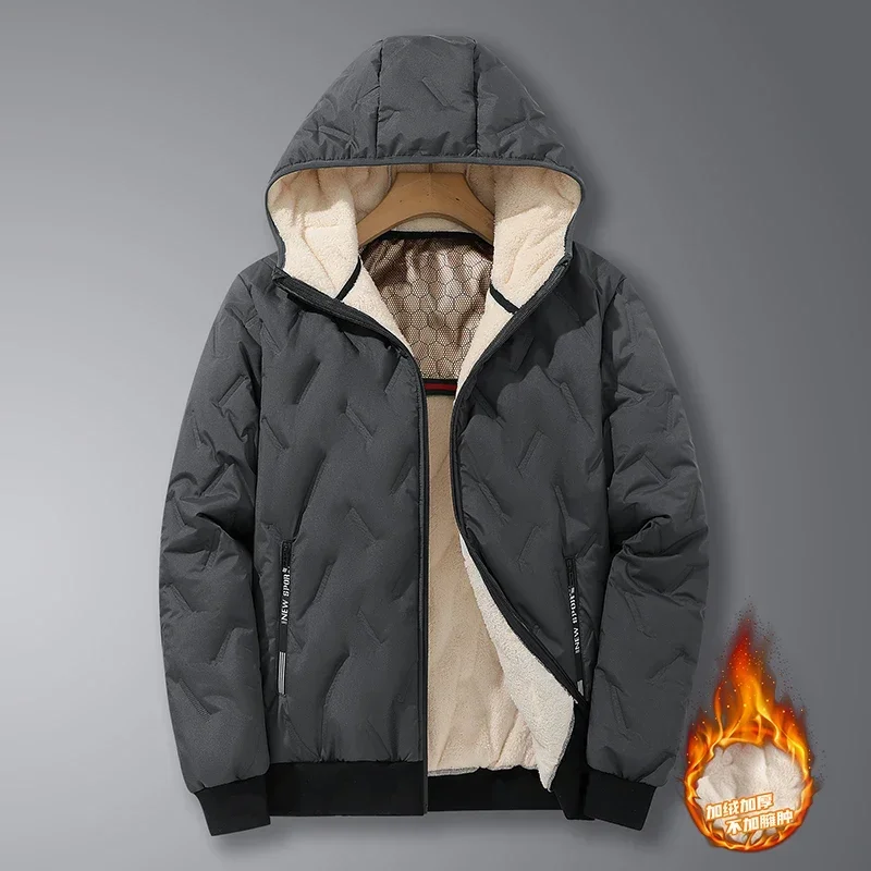 Men's Hooded Parka Winter Warm Thicken Fleece Windproof Coats Solid Color Padded Fashion Jacket Male Winter Thick Coats