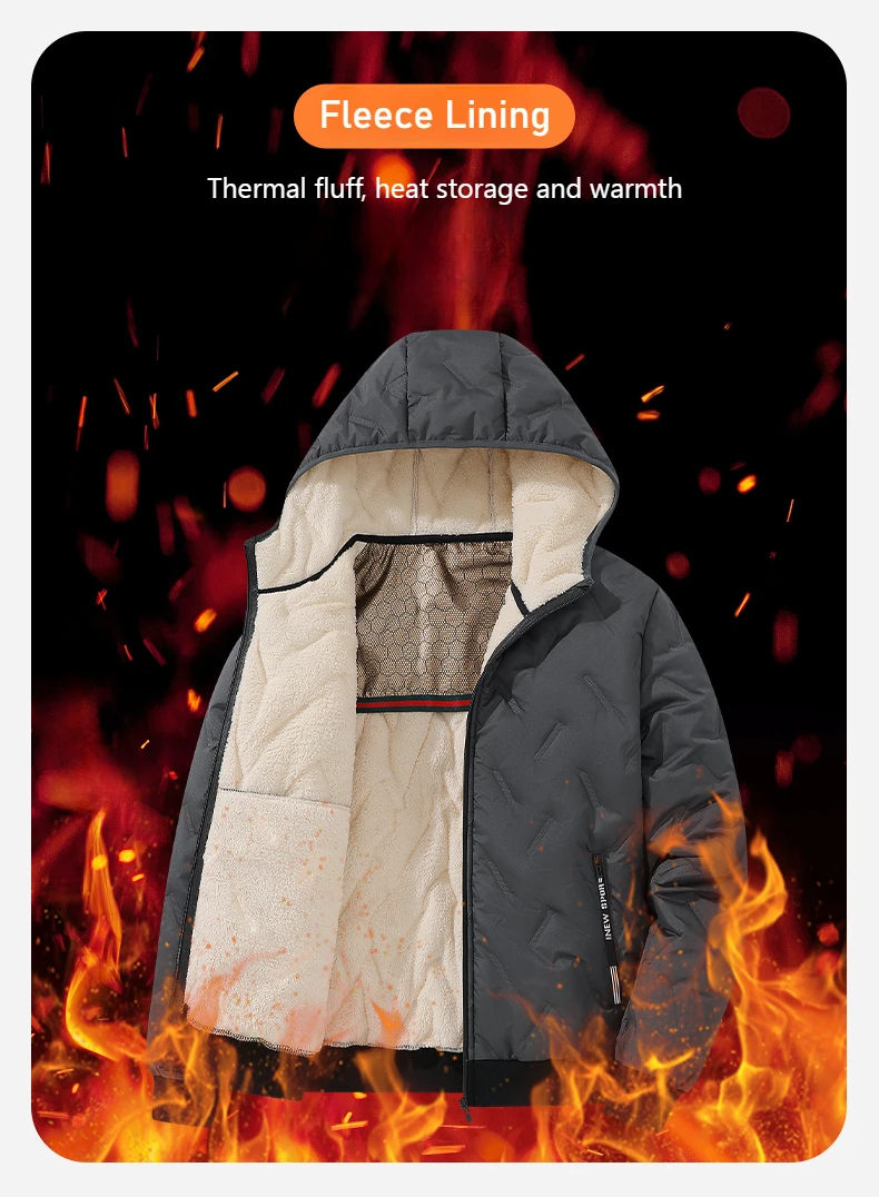 Men's Hooded Parka Winter Warm Thicken Fleece Windproof Coats Solid Color Padded Fashion Jacket Male Winter Thick Coats
