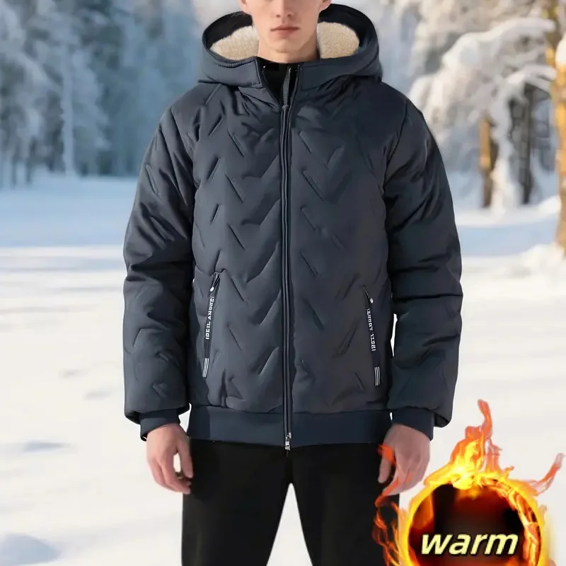 Men's Hooded Parka Winter Warm Thicken Fleece Windproof Coats Solid Color Padded Fashion Jacket Male Winter Thick Coats