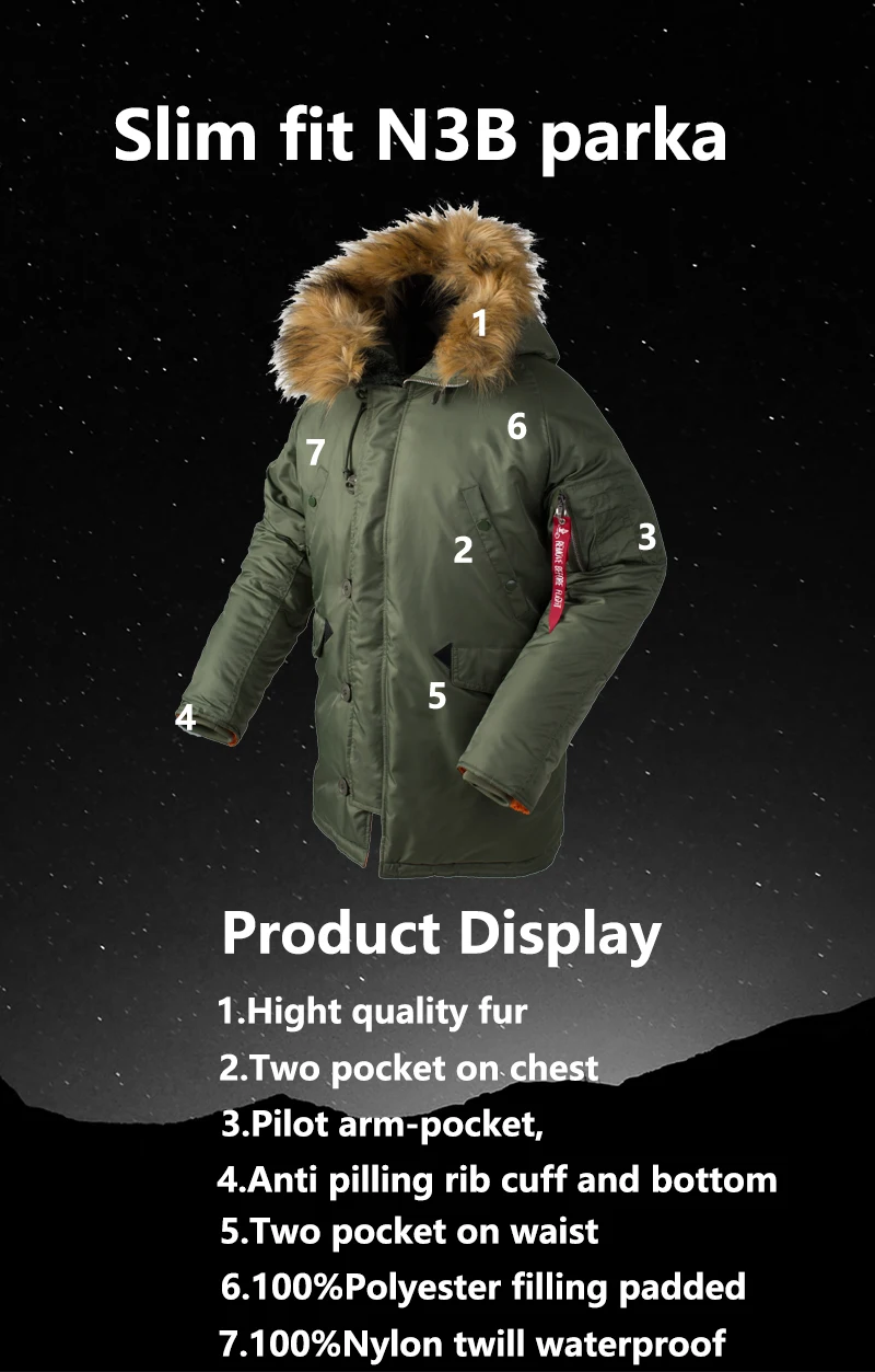 2025 Winter N3B Puffer Men Long Куртка Аляска Coat Military Fur Hood Warm Tactical Parka Army Korean Thick Parka