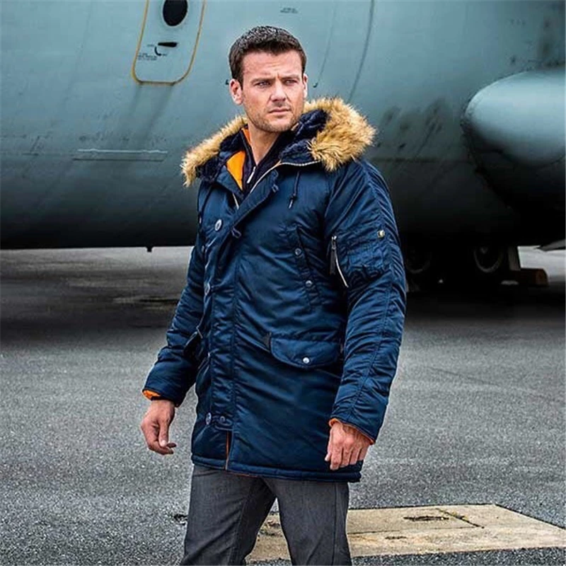 2025 Winter N3B Puffer Men Long Куртка Аляска Coat Military Fur Hood Warm Tactical Parka Army Korean Thick Parka