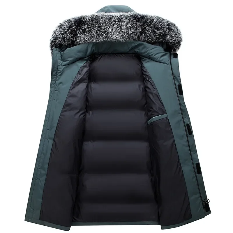 Long Men Windproof Down Jacket Coats Mens Warm White Duck Down Hooded Jacket Parkas Multi Pockets Overcoat Male Autumn Winter