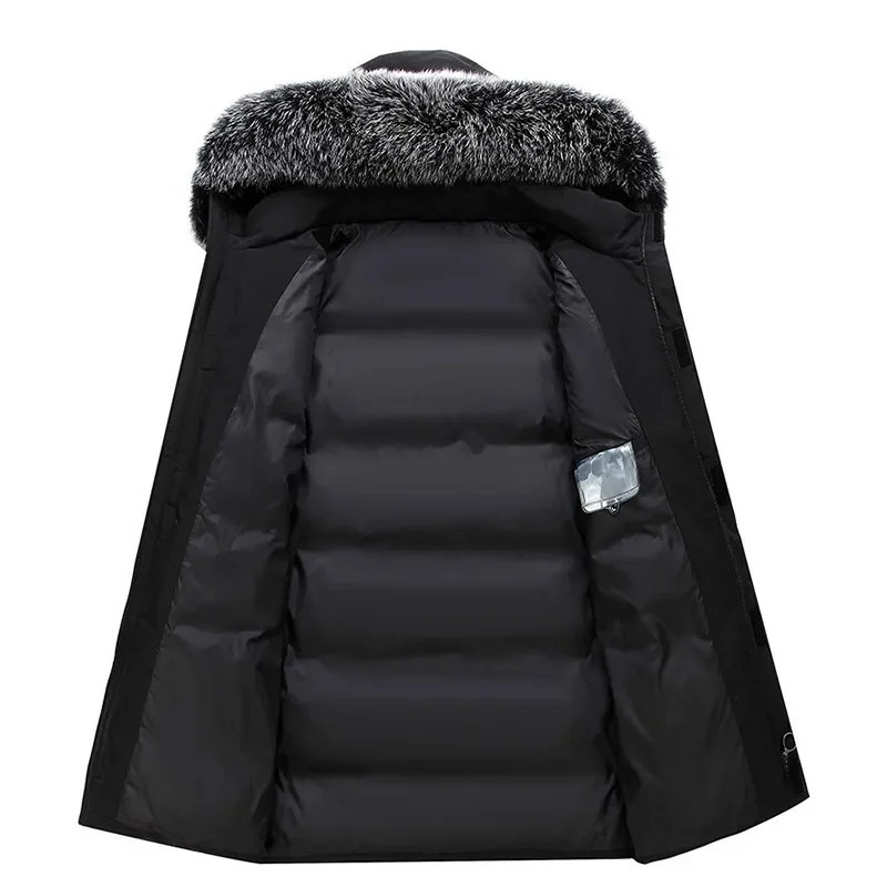 Long Men Windproof Down Jacket Coats Mens Warm White Duck Down Hooded Jacket Parkas Multi Pockets Overcoat Male Autumn Winter