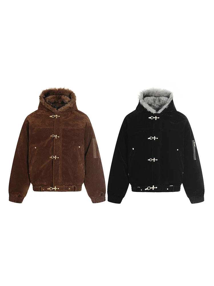 PFHQ American Style Men's Cotton Coats Hooded Faux Fur Metal Single Breasted Loose Solid Color Male Winter New Jackets CPG4887