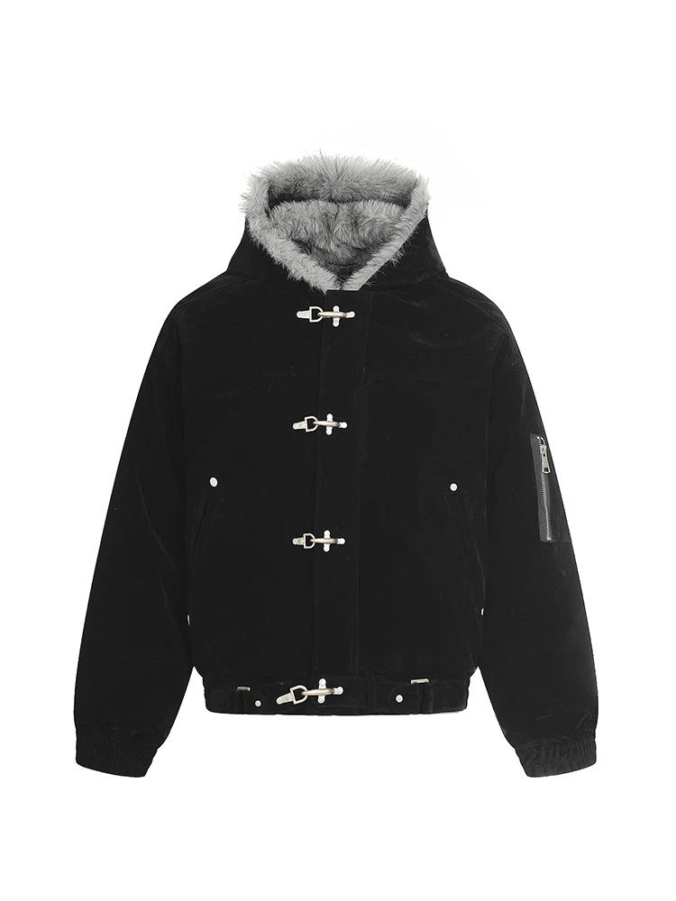 PFHQ American Style Men's Cotton Coats Hooded Faux Fur Metal Single Breasted Loose Solid Color Male Winter New Jackets CPG4887