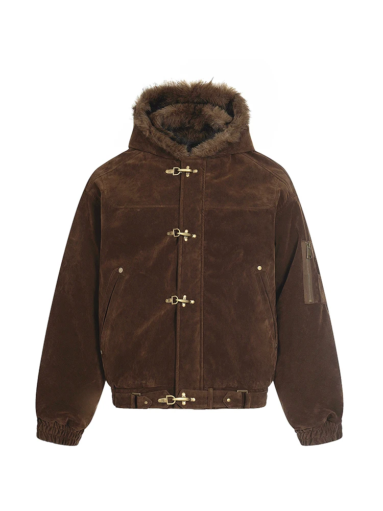 PFHQ American Style Men's Cotton Coats Hooded Faux Fur Metal Single Breasted Loose Solid Color Male Winter New Jackets CPG4887
