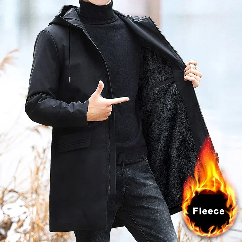 Men Black Hooded Windbreaker Outwear Warm Jacket Fleece Parka Coat Fleece Jacket Long Parkas 8XL New Plus Size Men's Winter