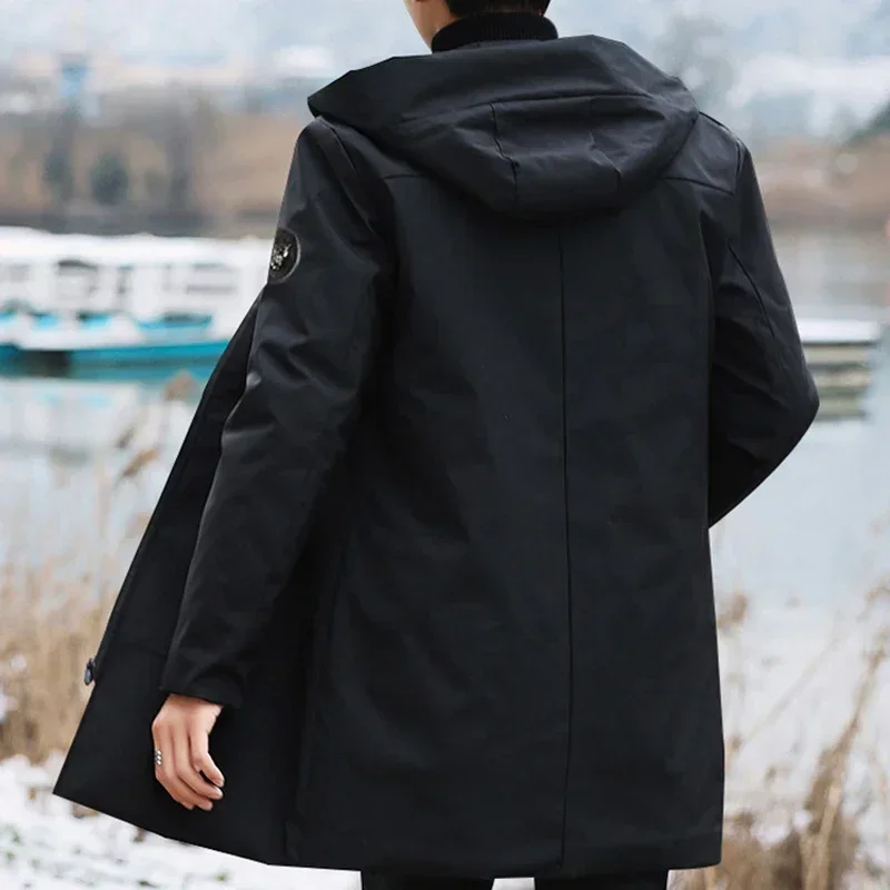 Men Black Hooded Windbreaker Outwear Warm Jacket Fleece Parka Coat Fleece Jacket Long Parkas 8XL New Plus Size Men's Winter