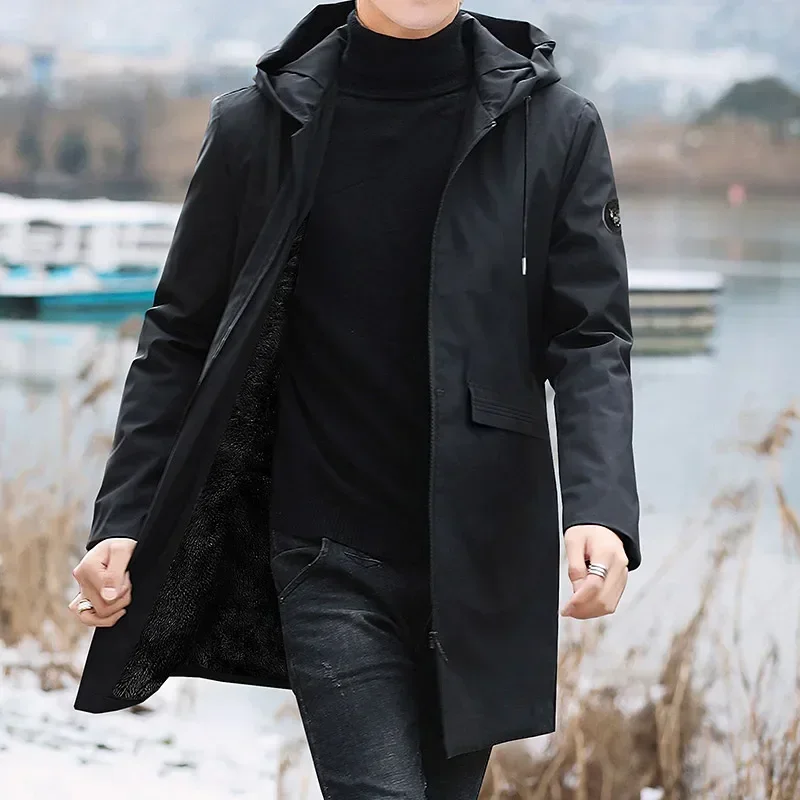 Men Black Hooded Windbreaker Outwear Warm Jacket Fleece Parka Coat Fleece Jacket Long Parkas 8XL New Plus Size Men's Winter