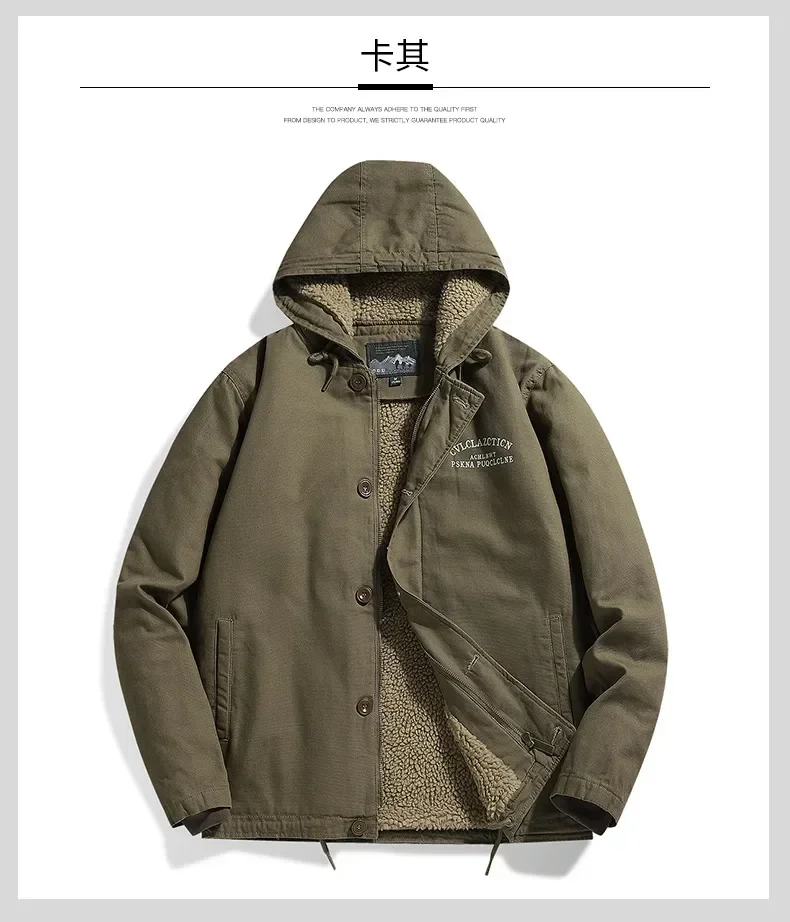 Men's Fleece Jacket Hooded Parkas Lamb Fur Lining Men's Winter Jackets Plush Men's Cold Jacket Thickening Motorcycle Jacket
