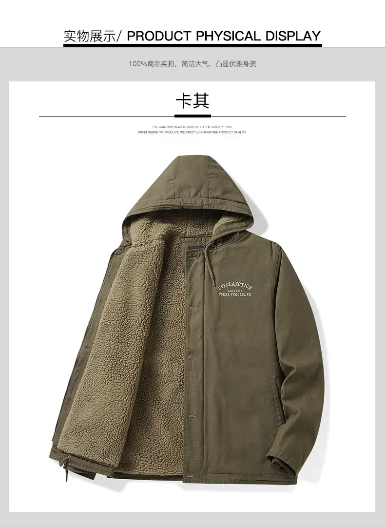 Men's Fleece Jacket Hooded Parkas Lamb Fur Lining Men's Winter Jackets Plush Men's Cold Jacket Thickening Motorcycle Jacket