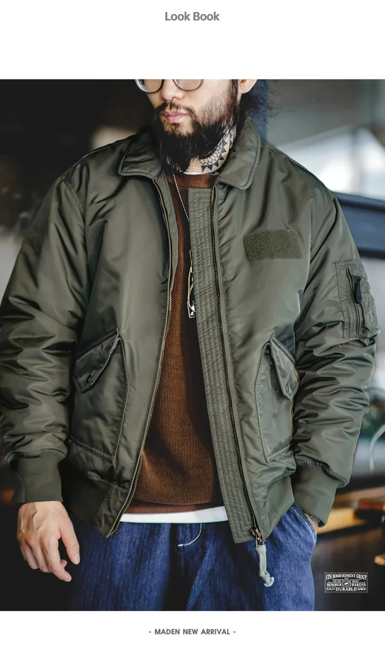 Maden Mens CWU-45P Bomber Jackets Autumn and Winter Windproof Thickened Coat Orange Lining High-density Waterproof Fabric Jacket