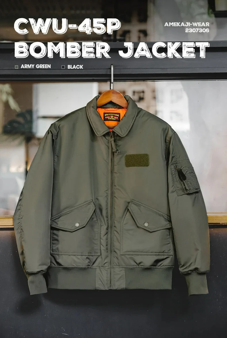 Maden Mens CWU-45P Bomber Jackets Autumn and Winter Windproof Thickened Coat Orange Lining High-density Waterproof Fabric Jacket