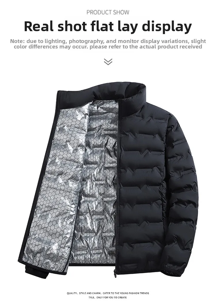 Outdoor Windproof Outerwear Winter Casual Warm Men Fleece-lined Jacket Solid Color Thicken Male Fashion Stand Collar Coats
