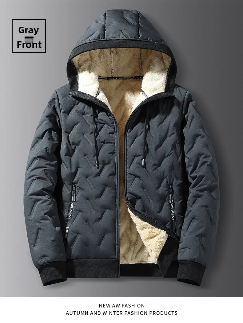 Men's Warm Fleece Lined Hooded Jacket Winter Zipper Pocket Jackets Outdoor Sports Coat Leisure Workwear Clothes Windproof Jacket
