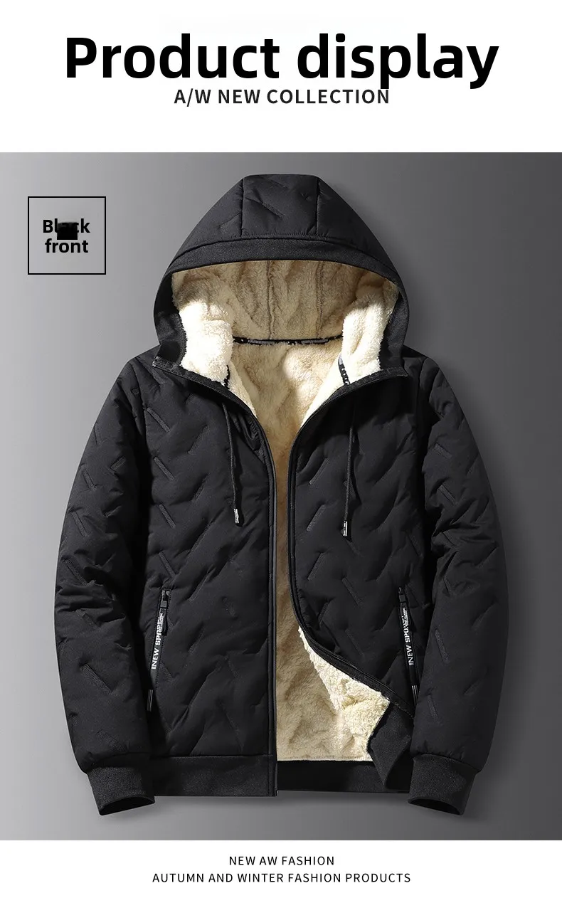 Men's Warm Fleece Lined Hooded Jacket Winter Zipper Pocket Jackets Outdoor Sports Coat Leisure Workwear Clothes Windproof Jacket