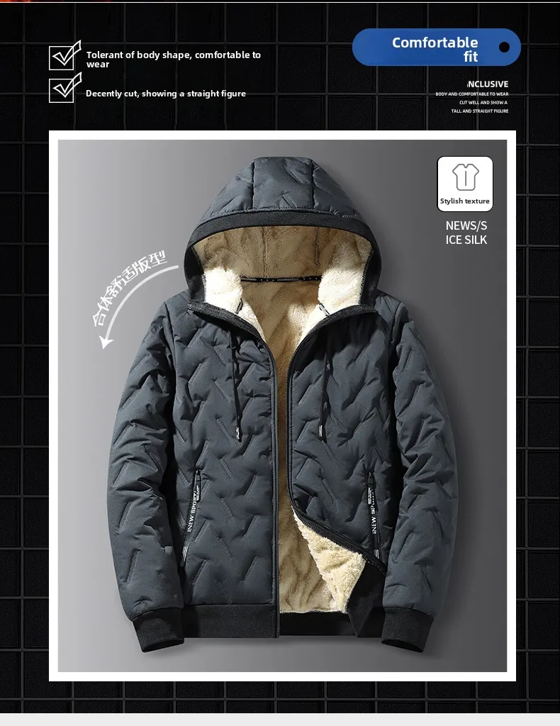 Men's Warm Fleece Lined Hooded Jacket Winter Zipper Pocket Jackets Outdoor Sports Coat Leisure Workwear Clothes Windproof Jacket