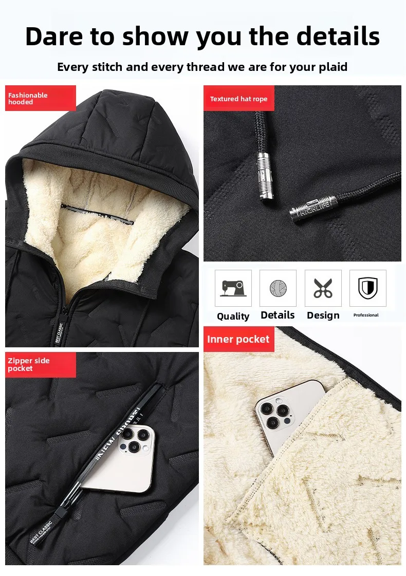 Men's Warm Fleece Lined Hooded Jacket Winter Zipper Pocket Jackets Outdoor Sports Coat Leisure Workwear Clothes Windproof Jacket