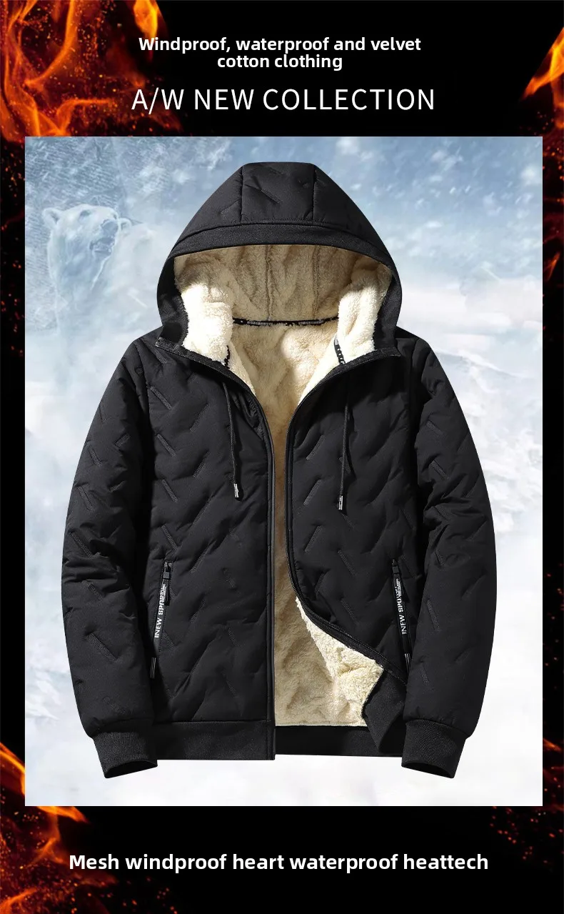 Men's Warm Fleece Lined Hooded Jacket Winter Zipper Pocket Jackets Outdoor Sports Coat Leisure Workwear Clothes Windproof Jacket