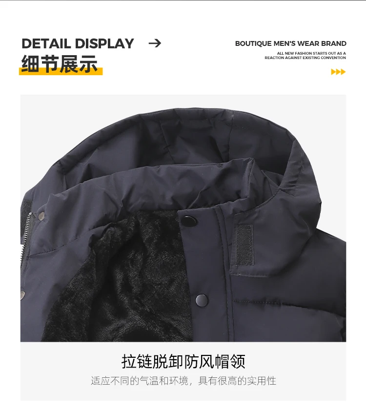 Men's Winter Detachable Hat Warm Fleece Jacket Parkas Casual Hooded Thick Cotton Jacket Medium Long Waterproof Thermal Parka