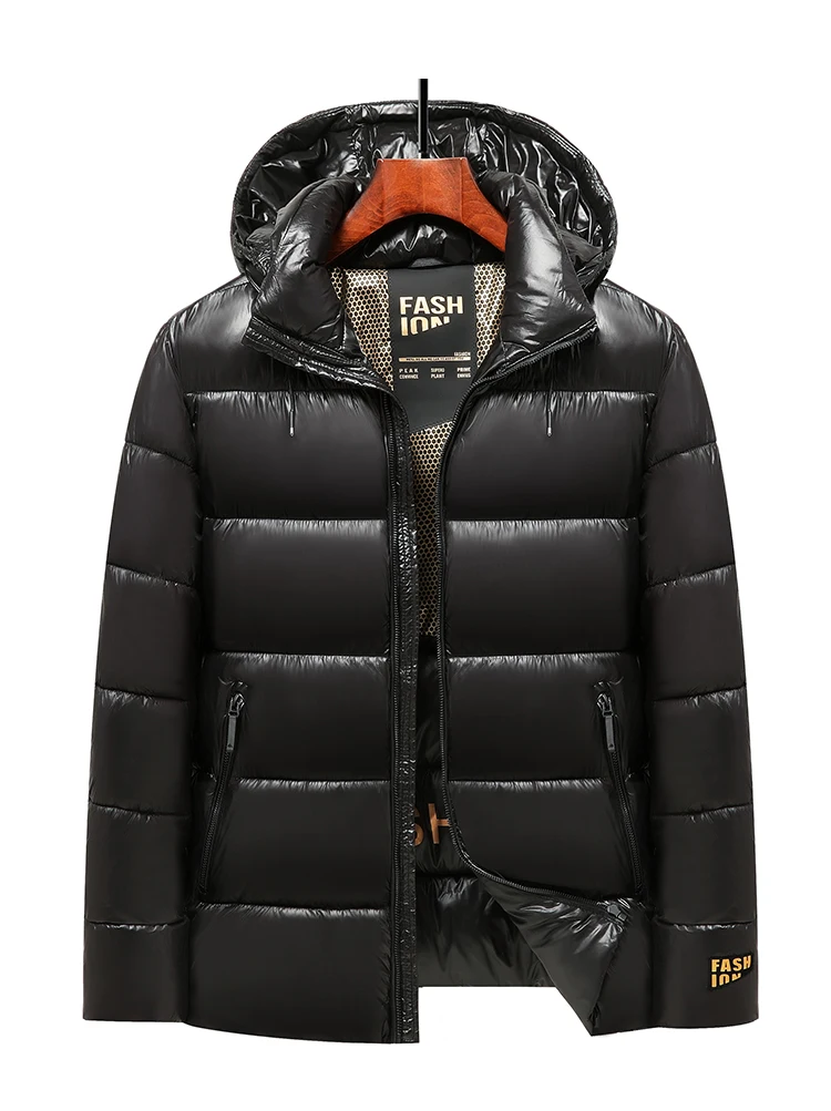 New Glossy Parkas Black Gold Short Cotton Jacket Mens Winter Shiny Parkas Warm Jacket with Hood Casual Quilted Puffer Jackets