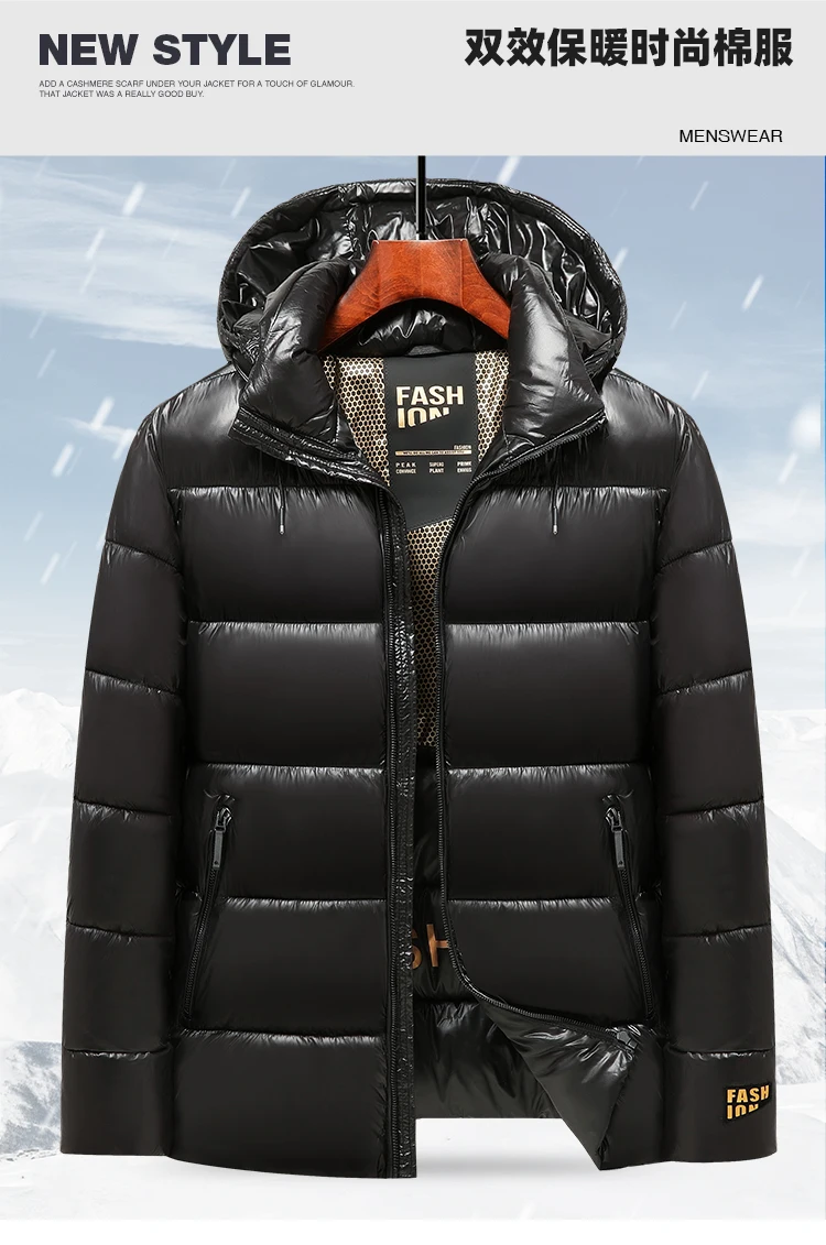 New Glossy Parkas Black Gold Short Cotton Jacket Mens Winter Shiny Parkas Warm Jacket with Hood Casual Quilted Puffer Jackets
