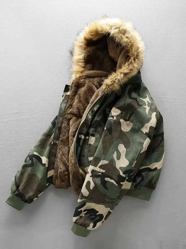 2026 New Men's Winter Camouflage Reversible Jacket Fleece-Lined Hooded Cotton Coat Warm Velvet Inner Thick Parka