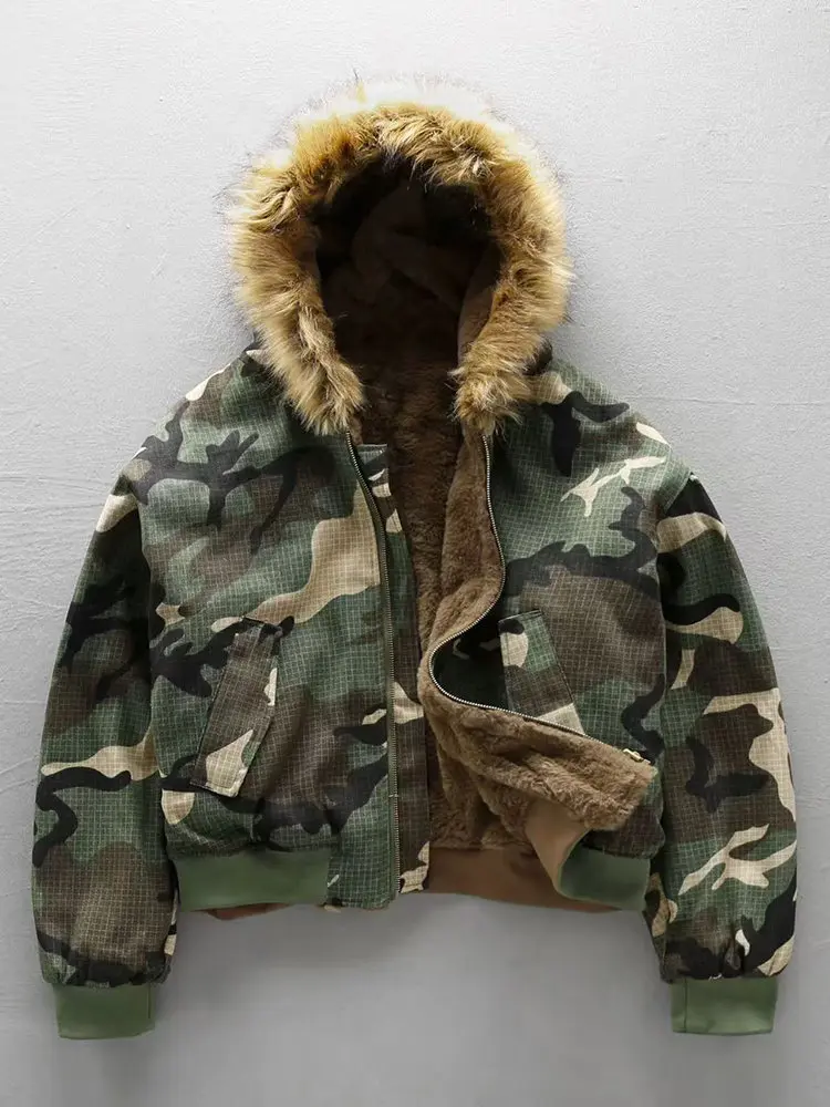 2026 New Men's Winter Camouflage Reversible Jacket Fleece-Lined Hooded Cotton Coat Warm Velvet Inner Thick Parka